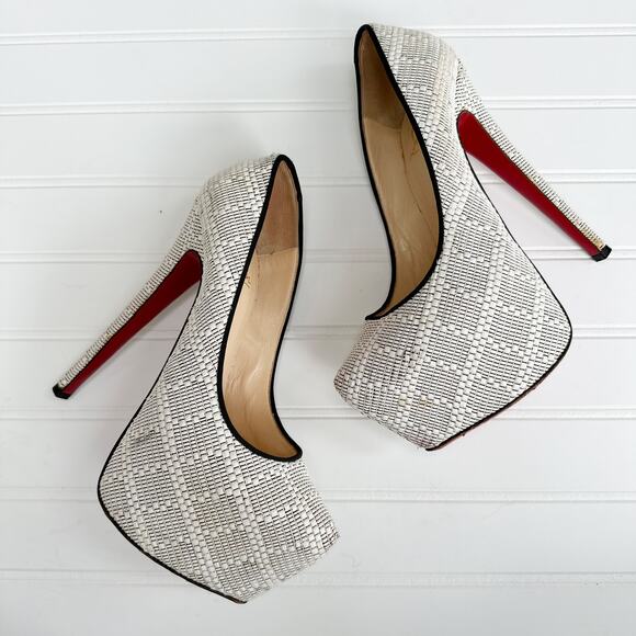 Christian Louboutin Raffia Daffodile Platform Y2K Vintage Pumps Black White - Picture 1 of 13